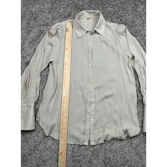 Free People Pleated Puff Sleeve Blouse Beige Sheer Button Down Romantic Feminine - Picture 4 of 7
